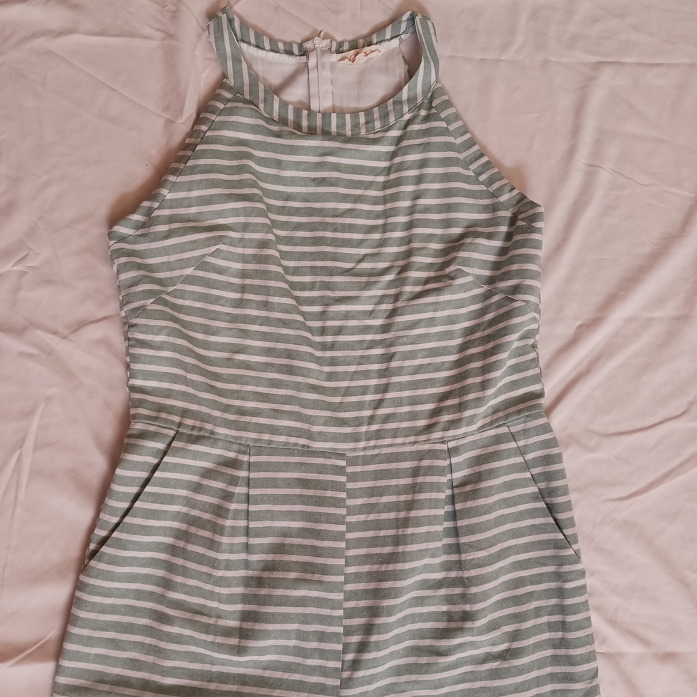 Alelly High Neck Sleeveless Jumpsuit Green and White Stripes Women's Size Large - Picture 2 of 6
